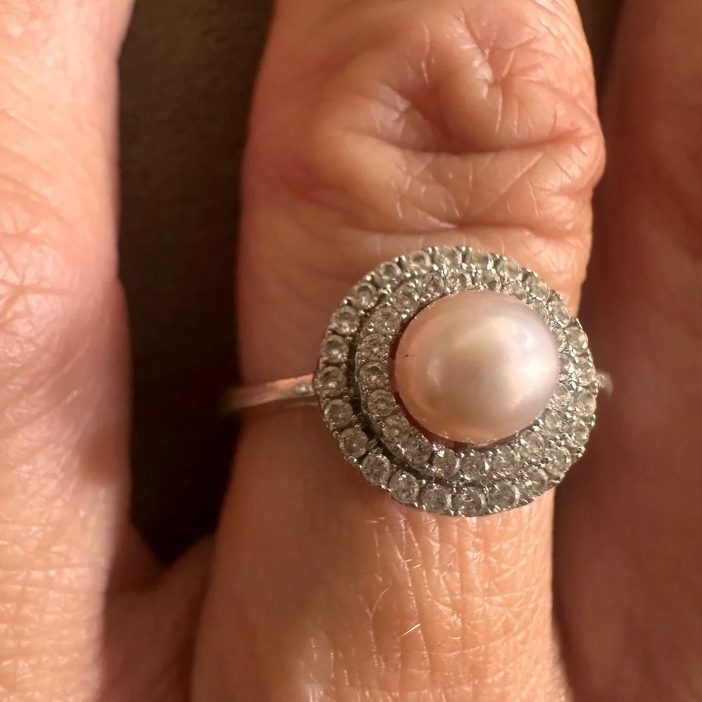 Silver and White Pearl CZ Halo Ring Size 7 Pink Cream Bridal Feminine Timeless
